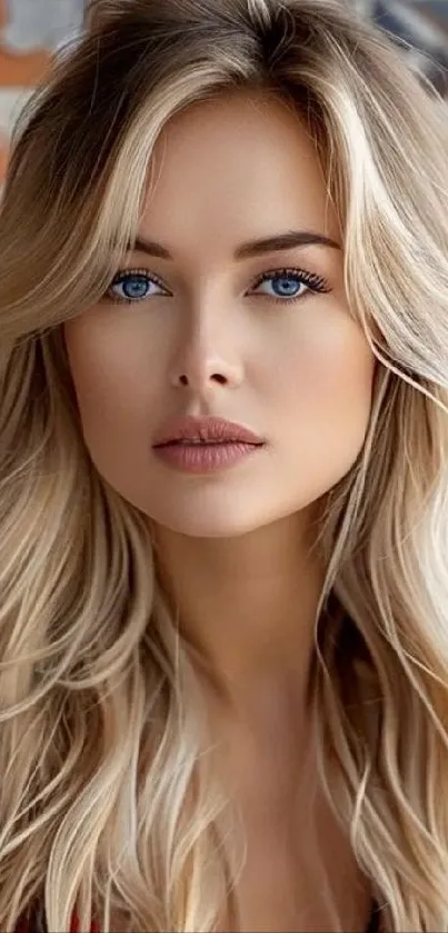 Elegant mobile wallpaper of a woman with blue eyes and flowing blonde hair.