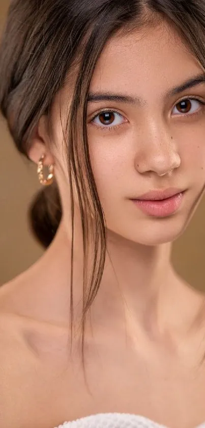 Elegant portrait of a young woman with natural beauty on a phone wallpaper.