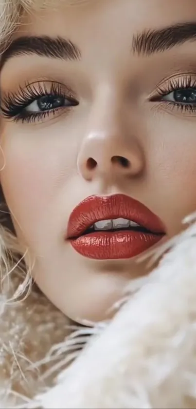 Close-up portrait with red lips and lashes in fur.