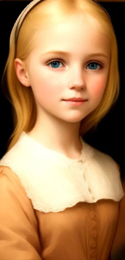 Elegant portrait of a blonde girl with blue eyes and a serene expression on a dark background.