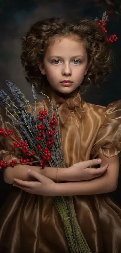 Young girl in a vintage dress holding flowers, creating an elegant, classic portrait.