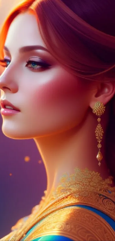 Elegant portrait of a woman with vibrant colors and intricate design details.