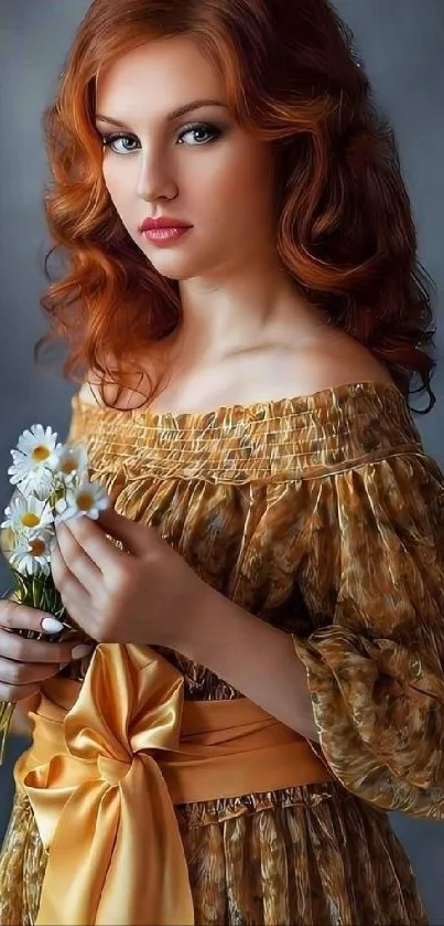 Elegant woman with red hair holding flowers.