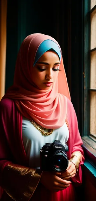 Elegant portrait of a woman holding a camera, wearing a stylish pink hijab.