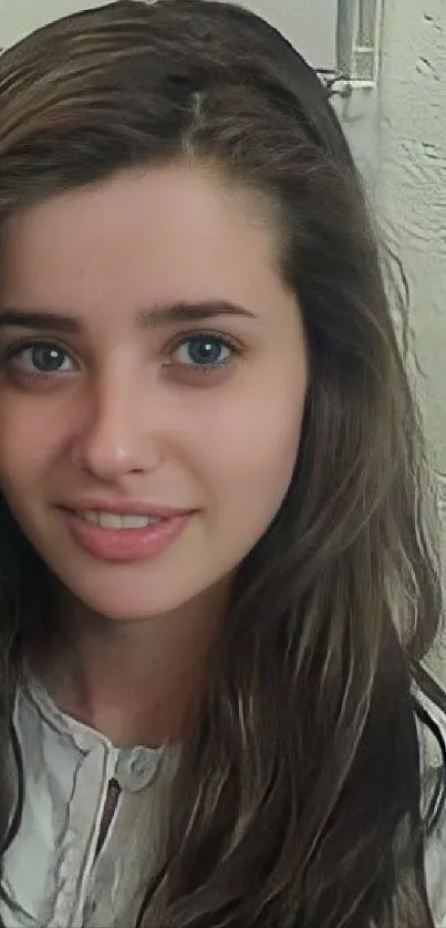 Portrait of a young woman with long hair against a textured wall.