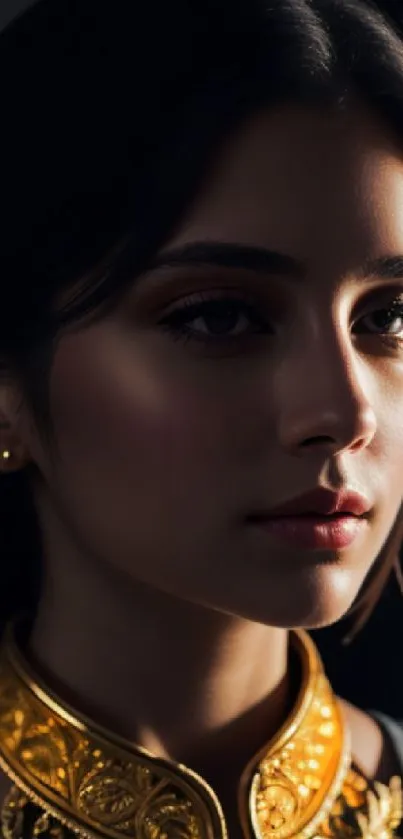 Elegant portrait of a young woman with gold accessories on a dark background.