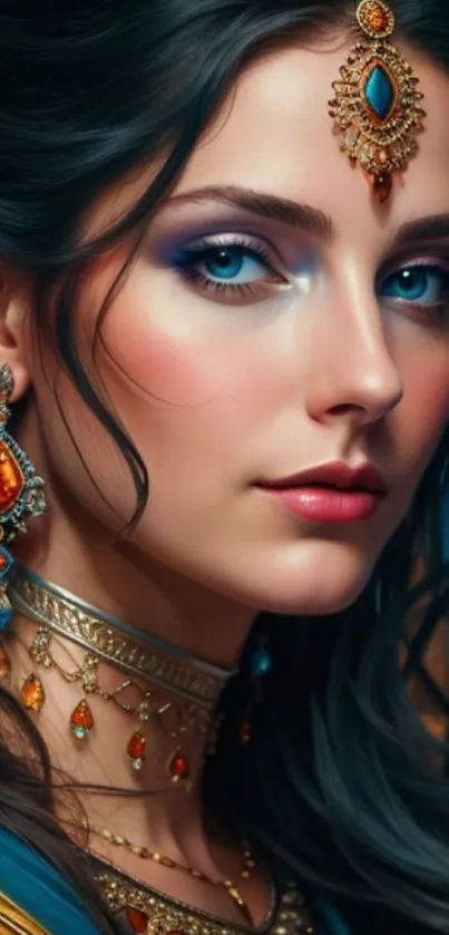 Elegant woman portrait with jewelry in vibrant colors.