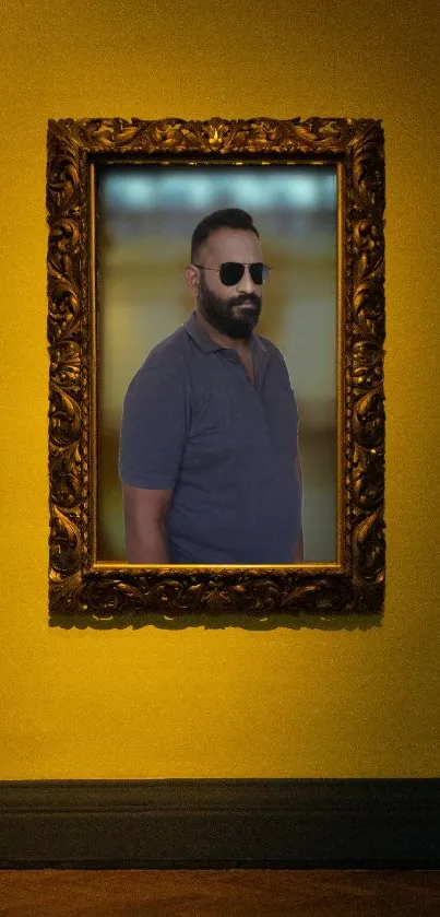 Portrait in ornate frame on yellow wall background.