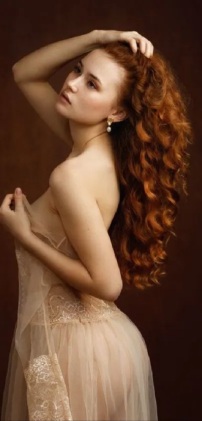 Elegant portrait of red-haired woman in classic pose with warm brown background.