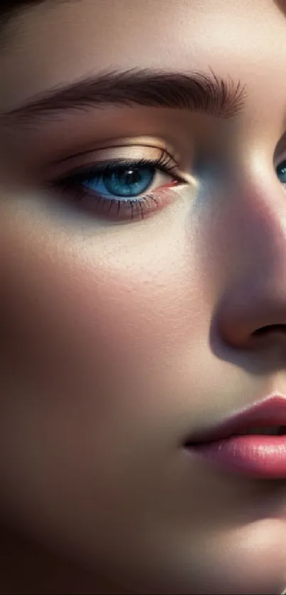 Close-up elegant portrait wallpaper with serene expression.