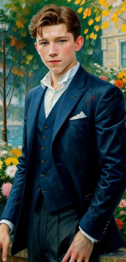 Elegant portrait of a young man in a navy blue suit with vibrant autumn background.