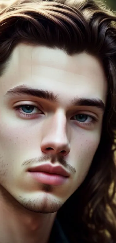 Portrait of a young man with long hair in a lush, natural setting.