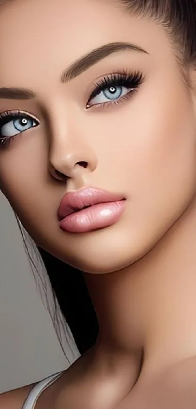 Stylized portrait of woman with blue eyes in soft lighting.