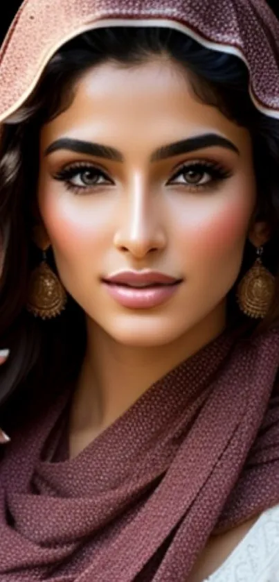 Elegant portrait of a woman in traditional attire with a brown headscarf.