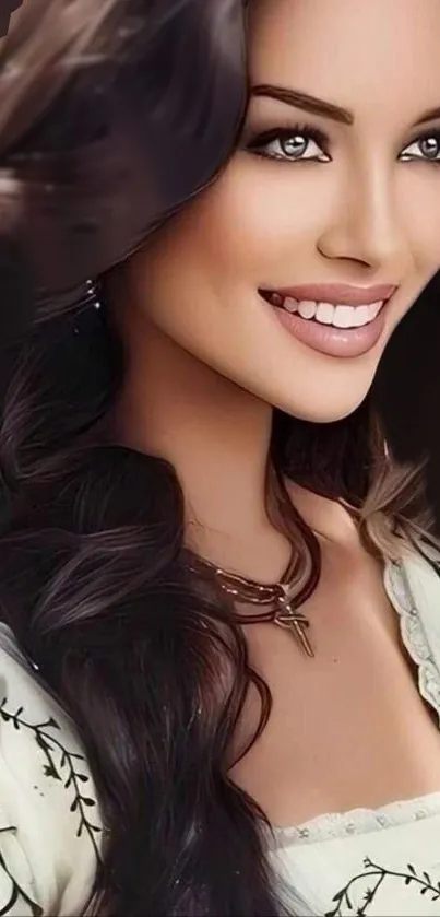 Smiling woman with long dark hair and elegant attire.