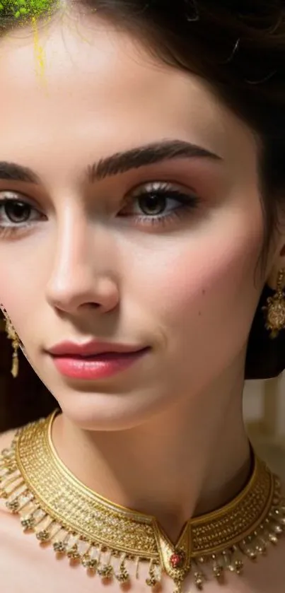 Portrait of a woman wearing gold jewelry and earrings.