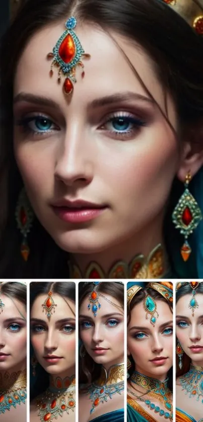 Elegant image of a woman with intricate jewelry and striking features.