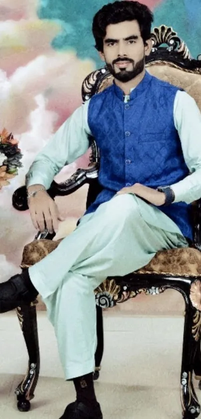 Elegant portrait of a man in blue attire seated on ornate chair.