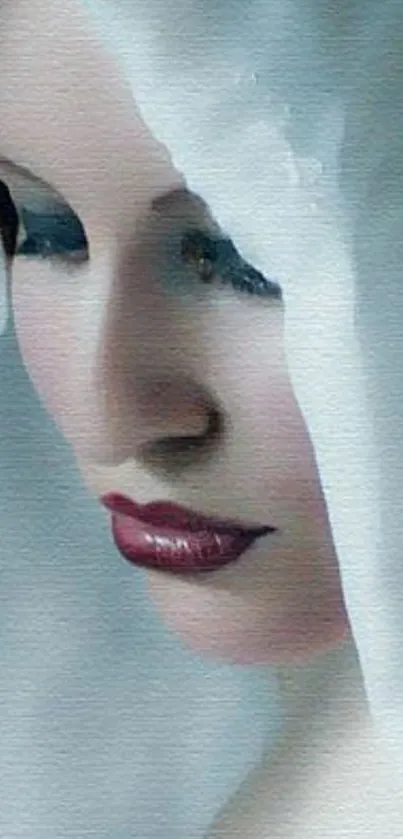Elegant watercolor portrait of a serene woman with soft blue and white hues.
