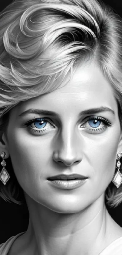 Grayscale portrait with striking blue eyes.