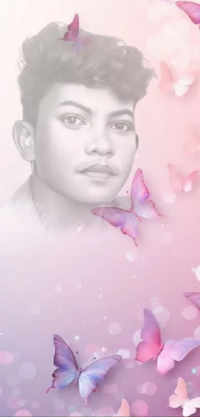 Artistic portrait with butterflies in pink hues.