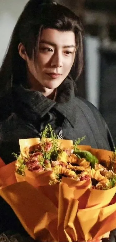 An elegant figure holding a vibrant flower bouquet, dressed in dark attire.