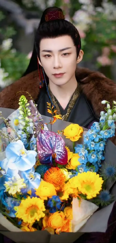 Elegant figure holding a vibrant bouquet of colorful flowers in blue and yellow.