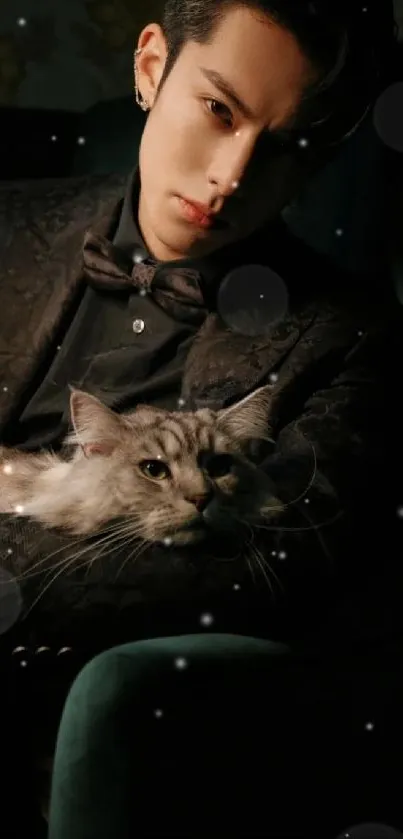 Man in dark suit with gray cat on a chair.