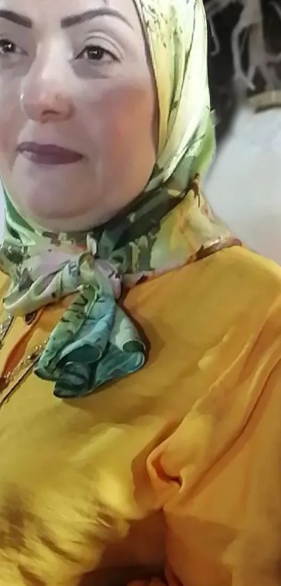 Woman wearing a green hijab and yellow outfit in a portrait.