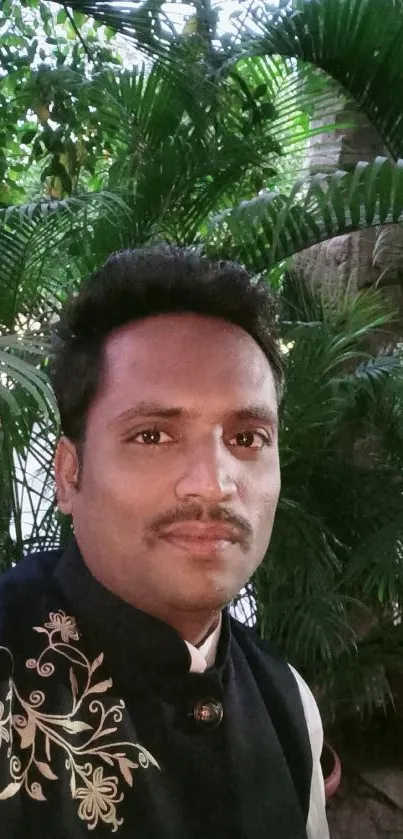 Man in traditional attire with green leafy background.