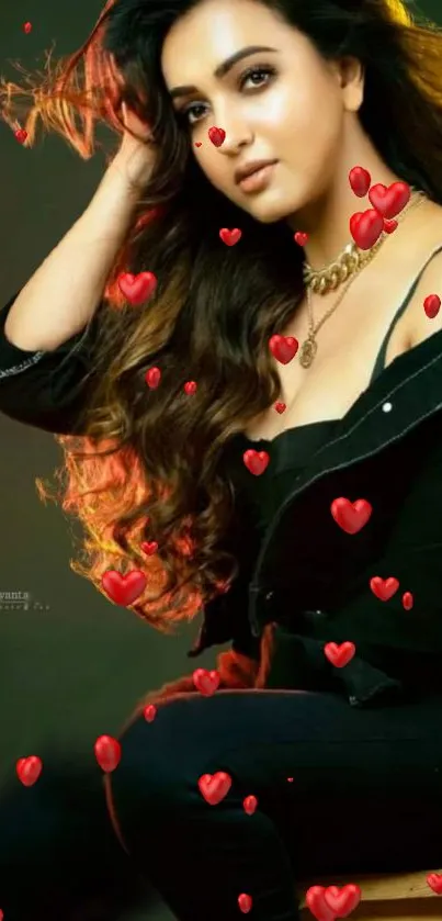 Elegant woman with flowing hair surrounded by red hearts on dark background.