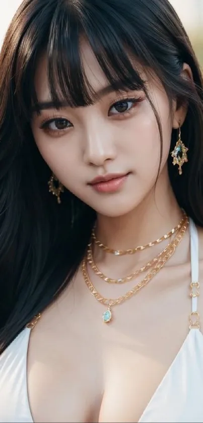 Elegant portrait featuring intricate jewelry in a stylish mobile wallpaper.