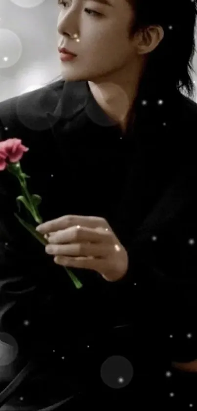 Elegant black-and-white portrait holding a pink flower.