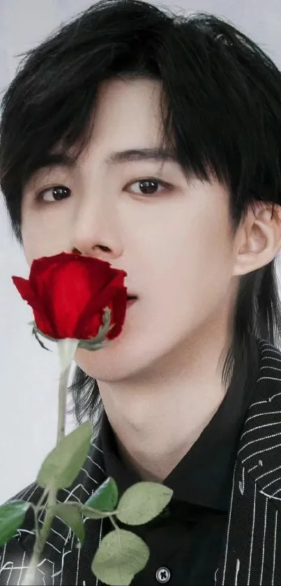 Elegant portrait of a person with black hair holding a red rose.