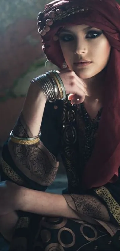 Portrait of a woman in traditional attire with maroon highlights.