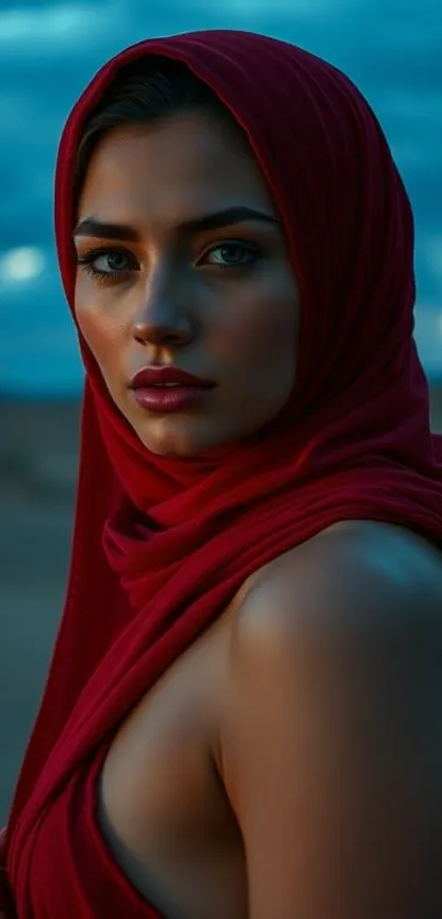Elegant woman in a red veil with a serene blue sky background.