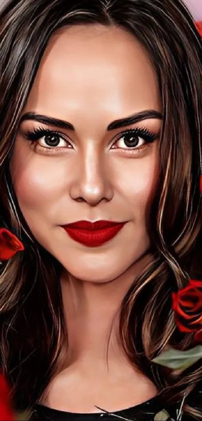 Portrait of a woman with red roses and elegant features.