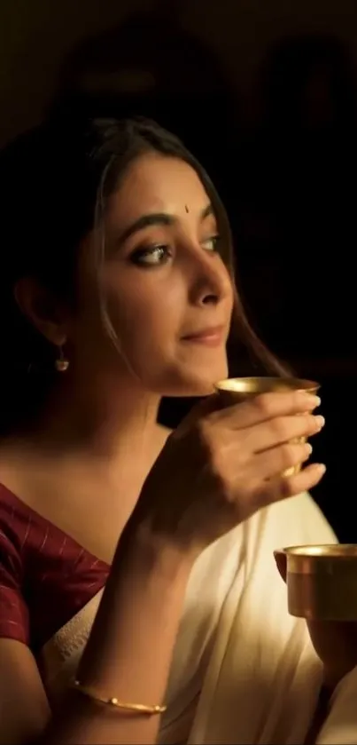 Portrait of woman in traditional attire holding a cup with warm light.