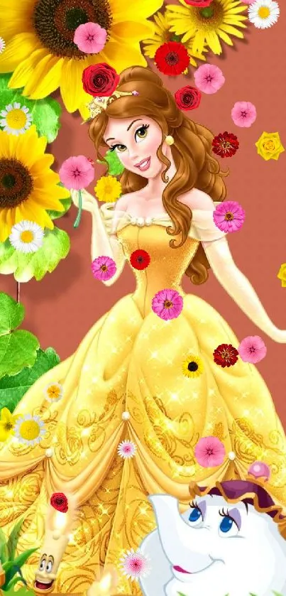 Princess in golden dress with sunflowers, lively and enchanting mobile wallpaper.