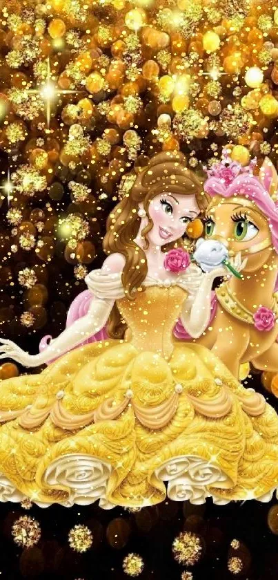 Princess in a golden dress with a pony on a glittery background.