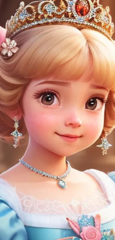 Elegant princess in a blue gown with a tiara, beautifully animated.