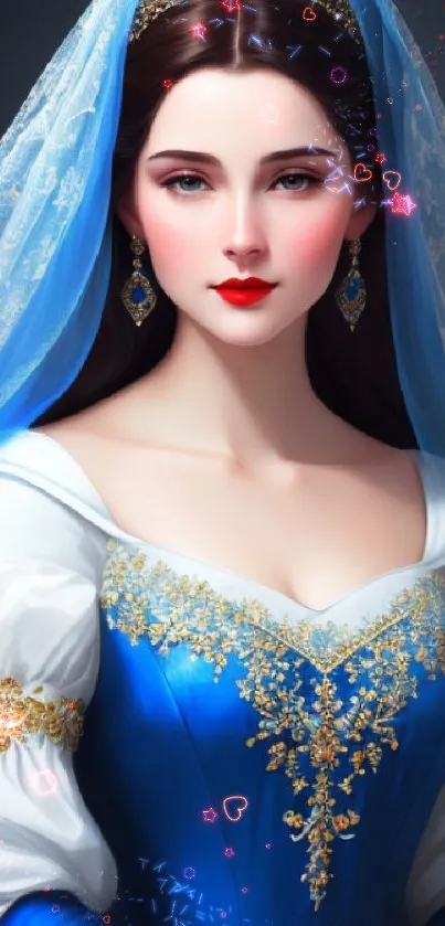 Elegant princess art with blue dress and veil, perfect mobile wallpaper.