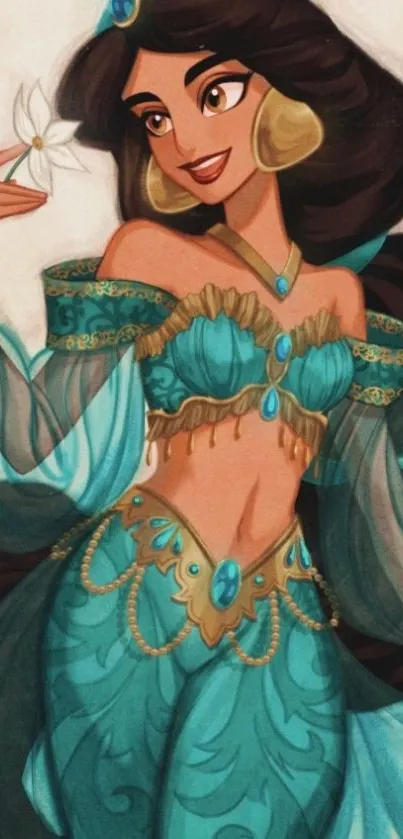 Illustrated princess in turquoise attire holding a white flower.