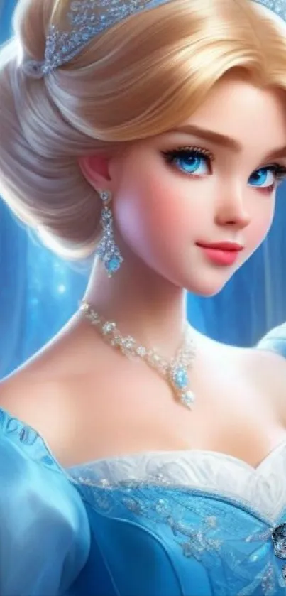 Elegant princess in blue gown with sparkling jewels.