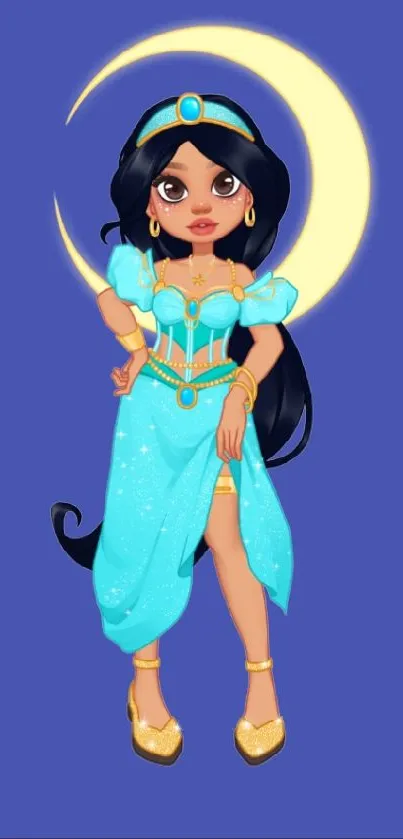 Cartoon princess in cyan dress with crescent moon on blue background.