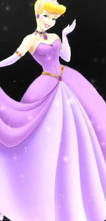 Elegant animated princess in a purple dress on a black background.