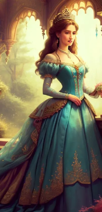 Elegant princess in teal dress inside a castle garden.