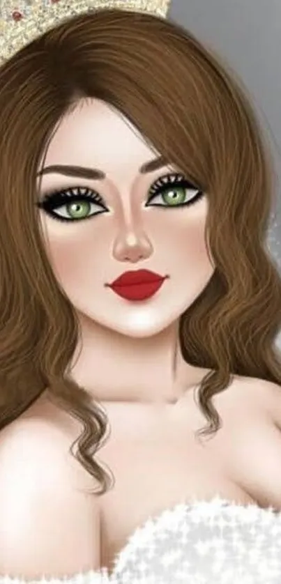 Elegant princess digital art with sparkling crown and green eyes.