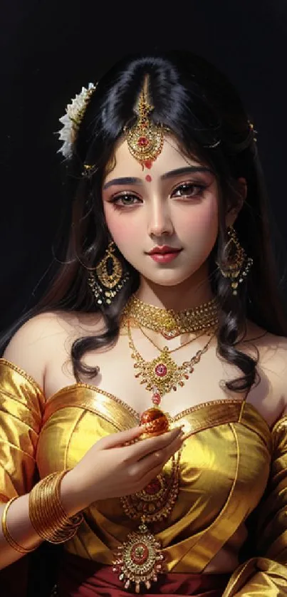 Digital art of an elegant princess in golden attire and intricate jewelry.