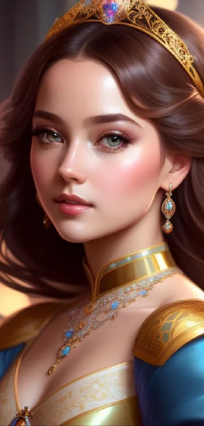 Fantasy art of a regal princess with a golden crown and elegant attire.